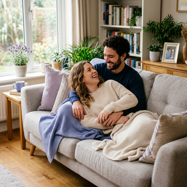Happy couple relaxed on couch