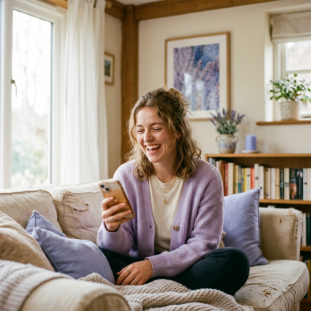 Person laughing while looking at phone